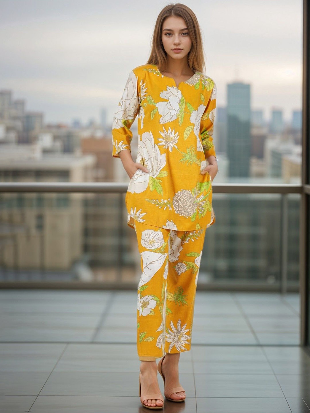 

NEYSA Floral Printed Tunic With Trousers, Yellow