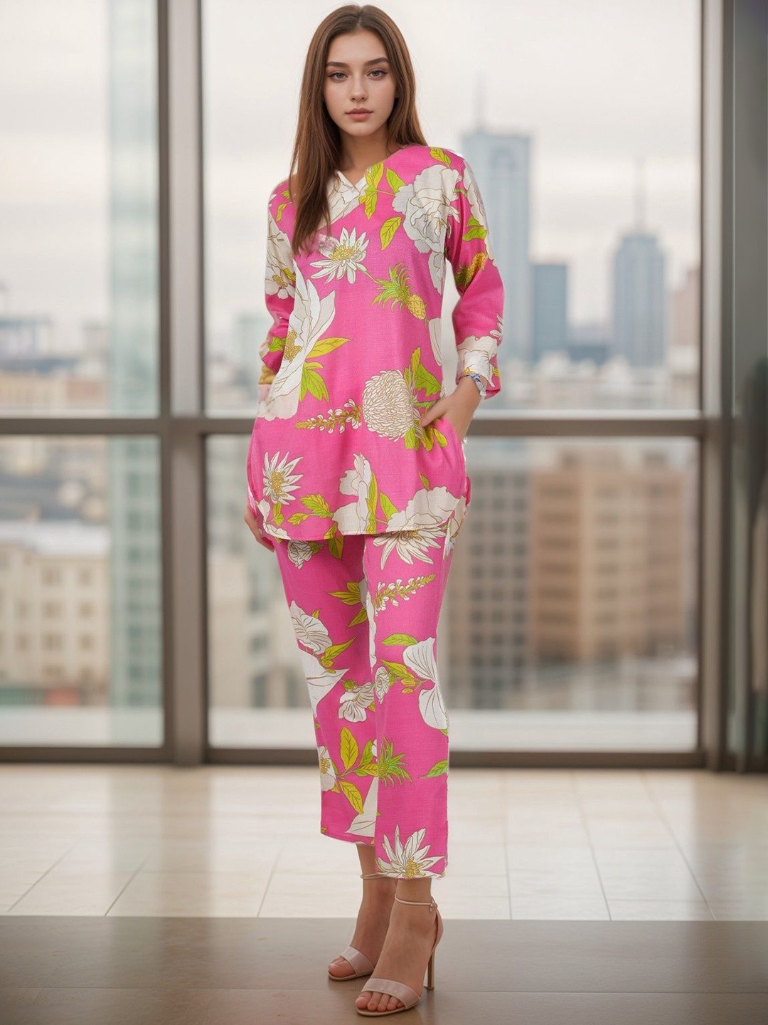 

NEYSA Printed Notch Neck Tunic With Trousers, Pink