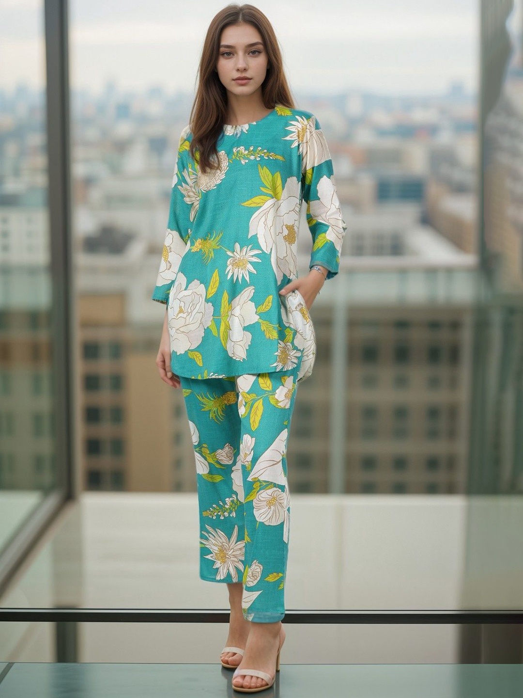 

NEYSA Floral Printed Round Neck Tunic With Trousers, Green
