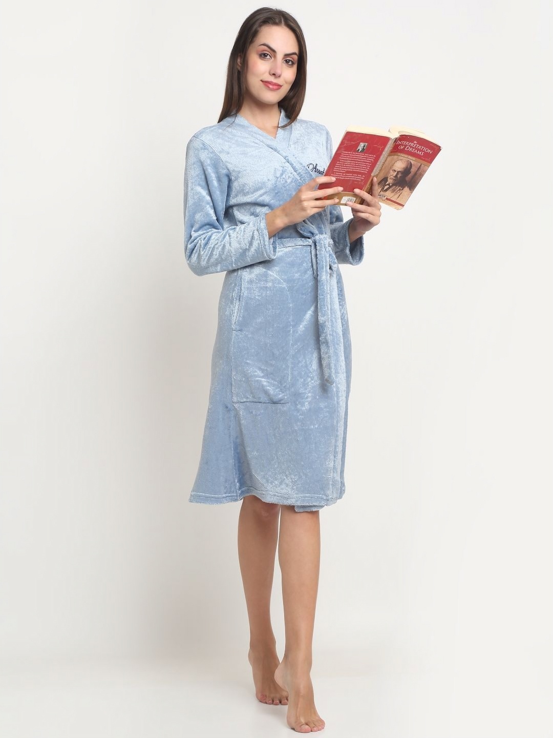 

Arrabi Blue Warm Woolen Fleece Bath Robe With Pockets