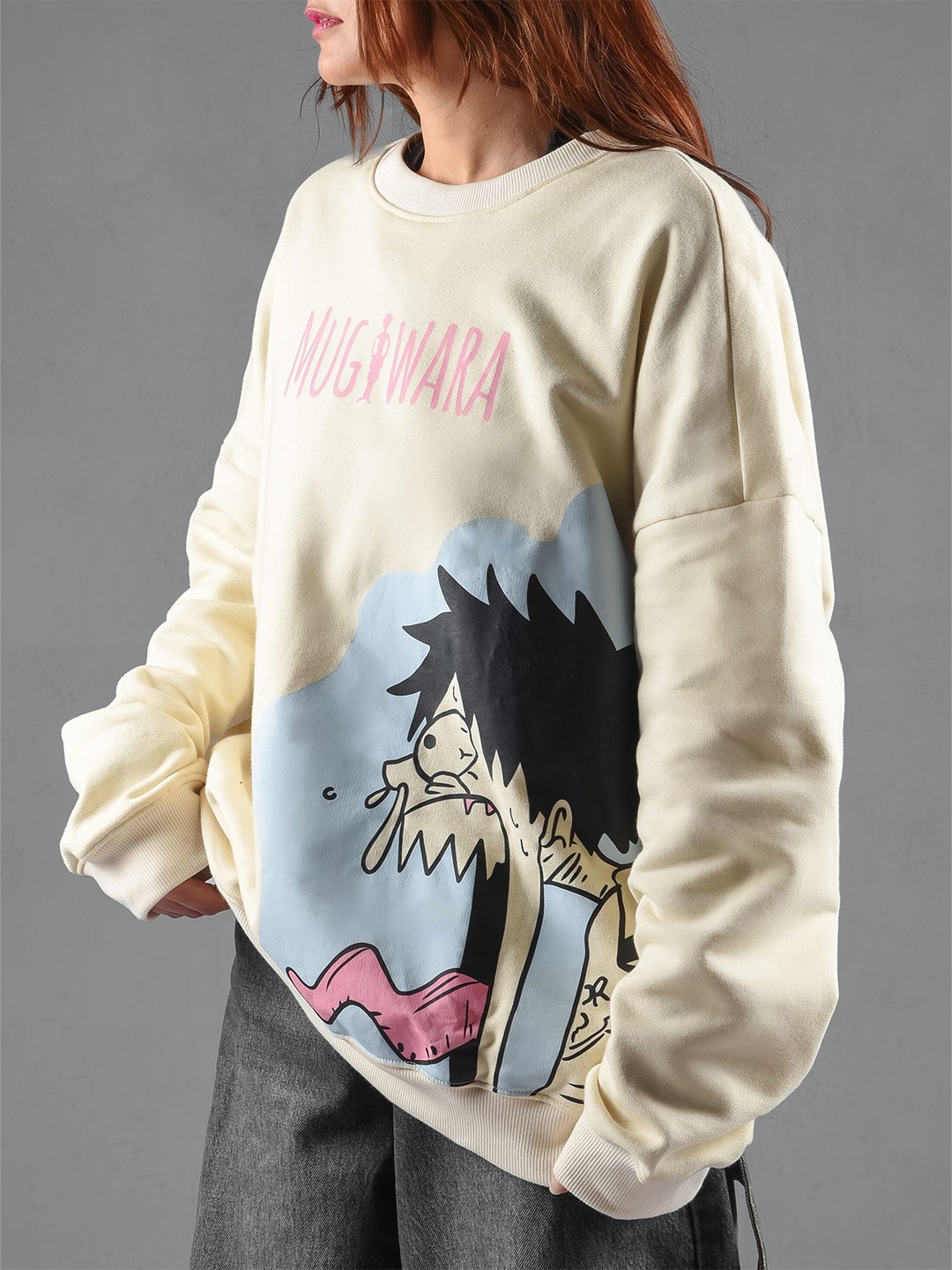 

COMICSENSE One Piece Baka Trio Printed Oversized Drop Shoulder Anime Sweatshirt, Cream