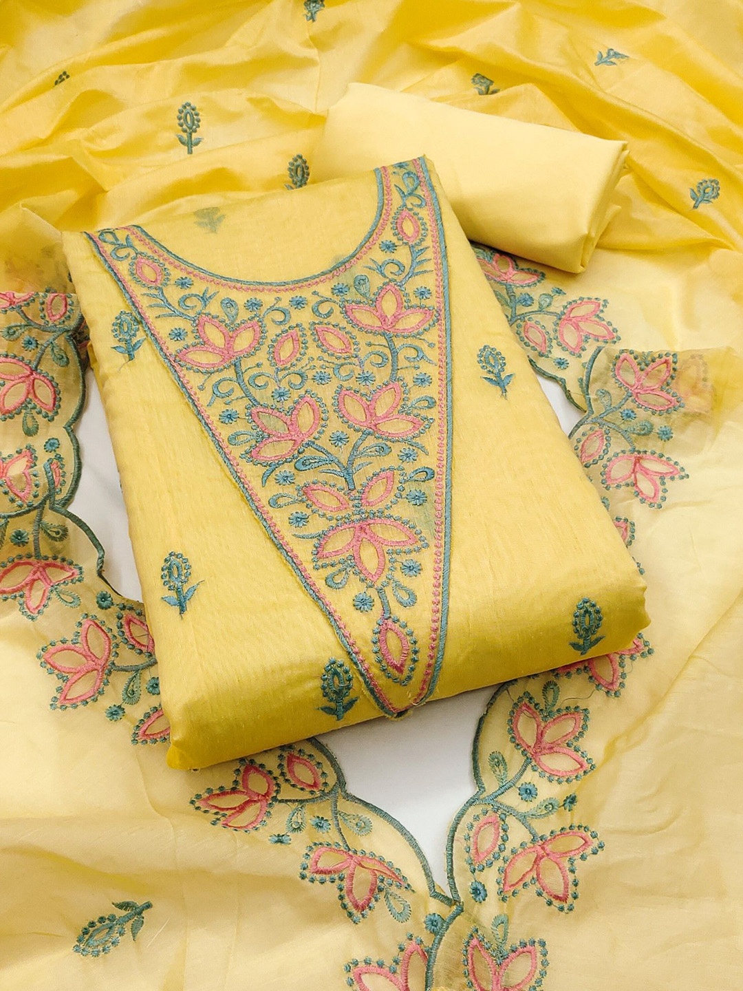 

LeeliPeeri Designer Floral Embroidered Modal Unstitched Dress Material, Yellow