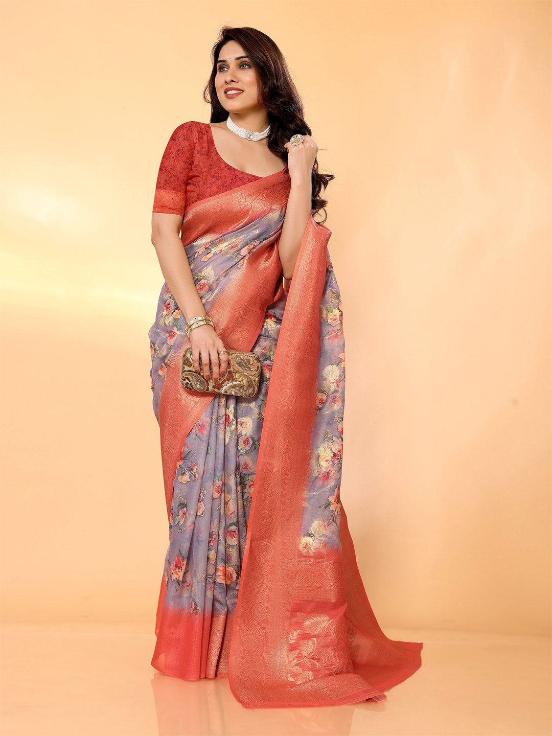 

Sidhidata Floral Printed Zari Banarasi Saree, Grey