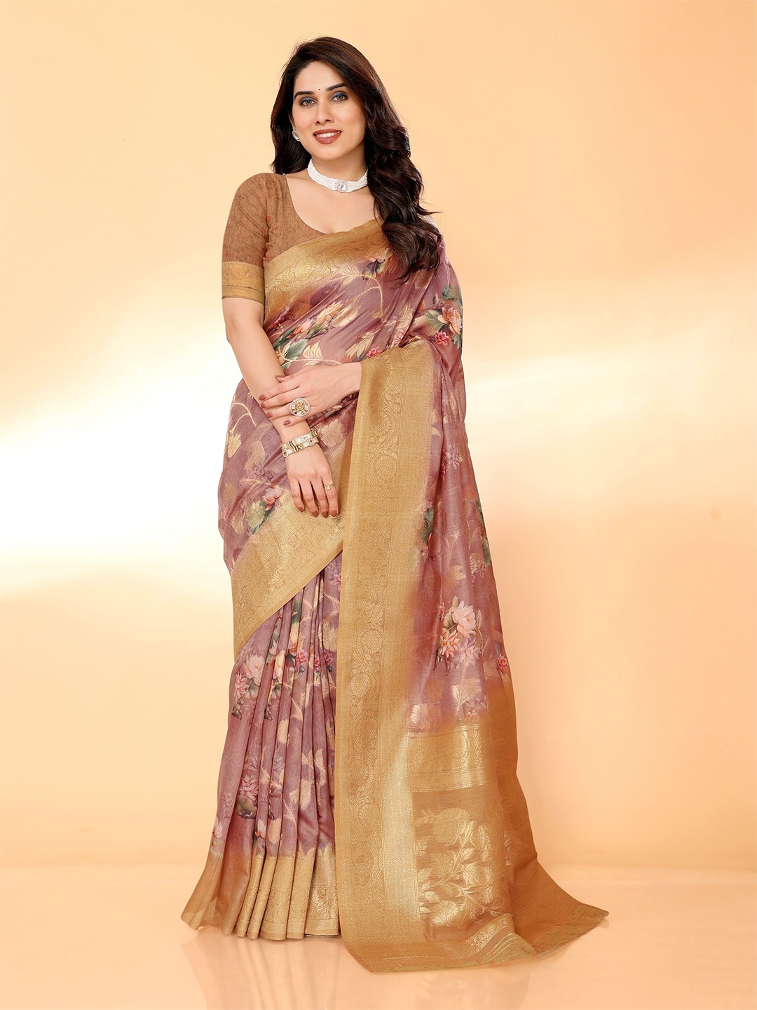 

Sidhidata Floral Printed Zari Banarasi Saree, Pink
