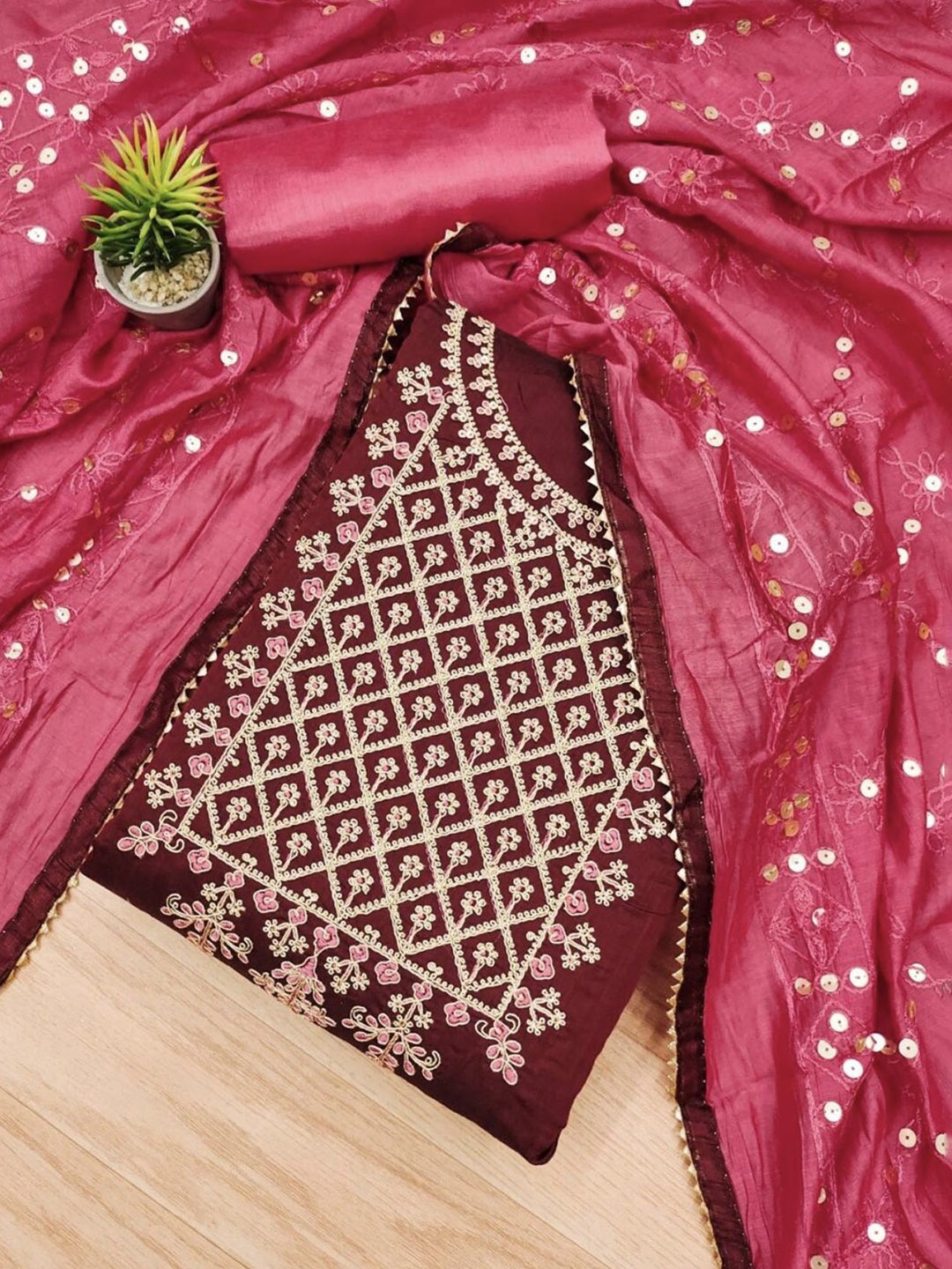 

LeeliPeeri Designer Floral Embroidered Sequinned Unstitched Dress Material, Maroon