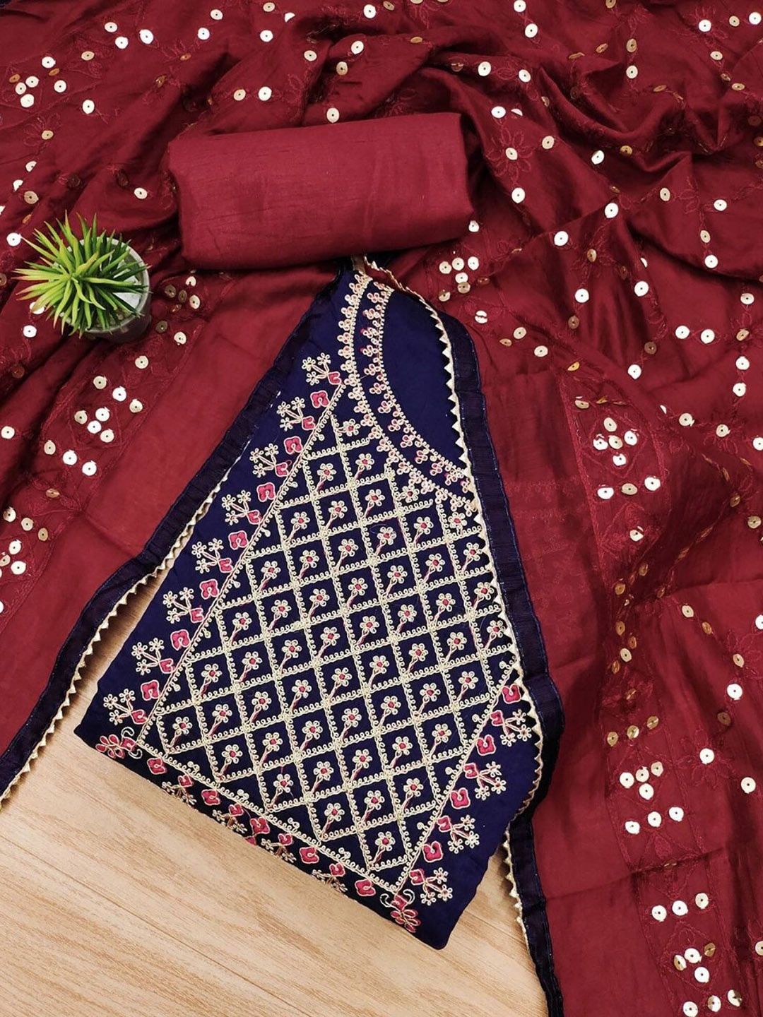 

LeeliPeeri Designer Floral Embroidered Sequinned Unstitched Dress Material, Navy blue