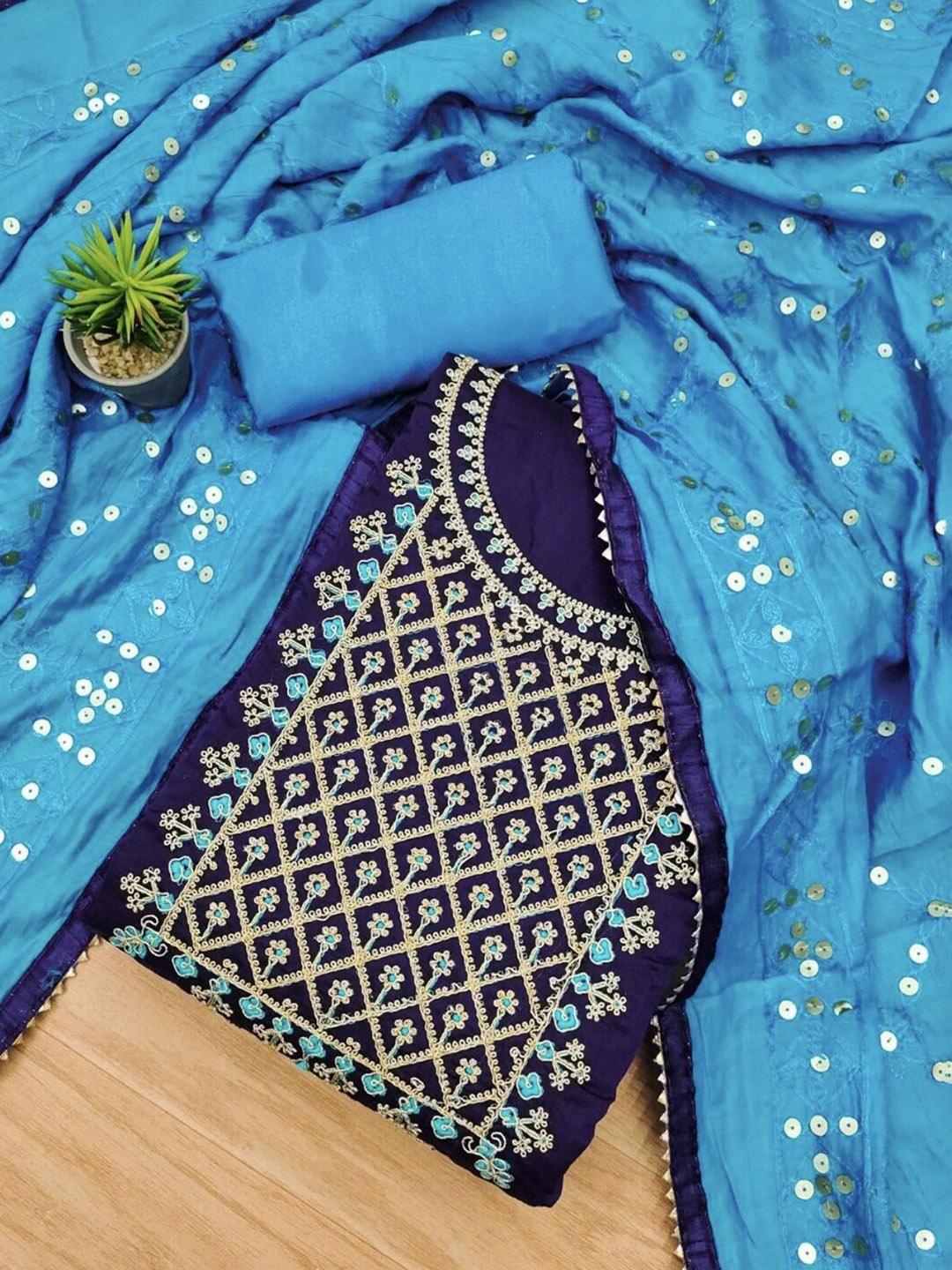 

LeeliPeeri Designer Floral Embroidered Sequinned Unstitched Dress Material, Navy blue