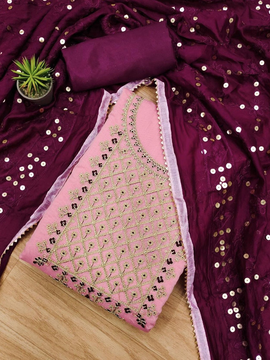 

LeeliPeeri Designer Floral Embroidered Sequinned Unstitched Dress Material, Pink