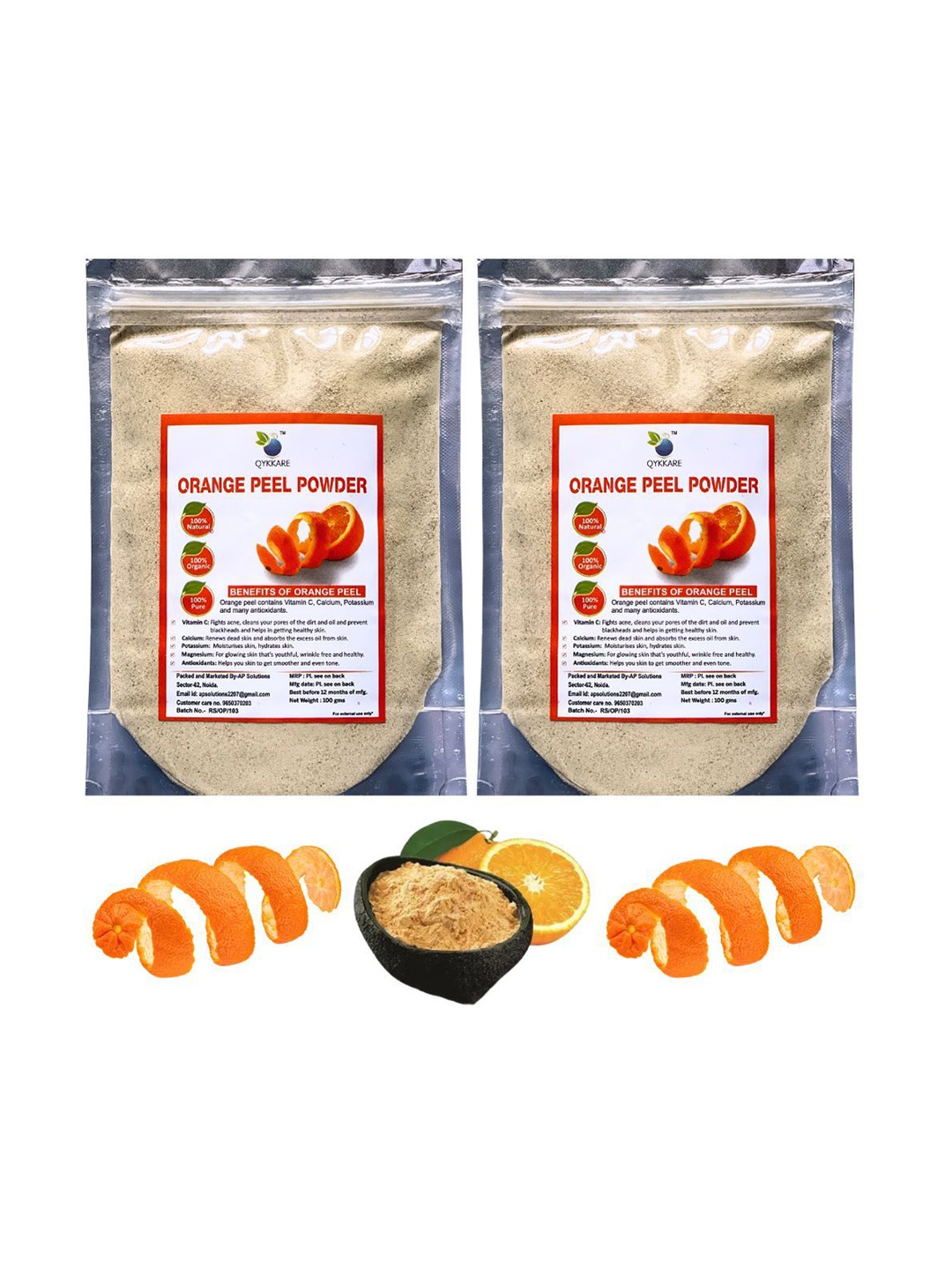 

QYKKARE Set Of 2 Natural Orange Peel Powder For Face Brightening - 100 g Each