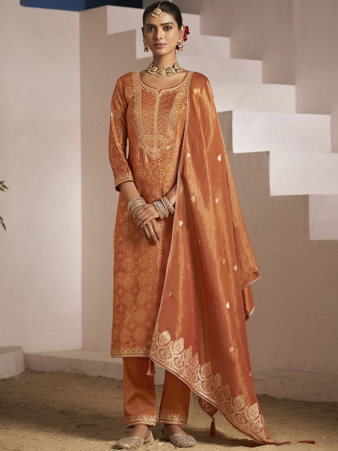 

Kvsfab Floral Embroidered Zari Work Jacquard Straight Kurta With Trousers & Dupatta, Orange