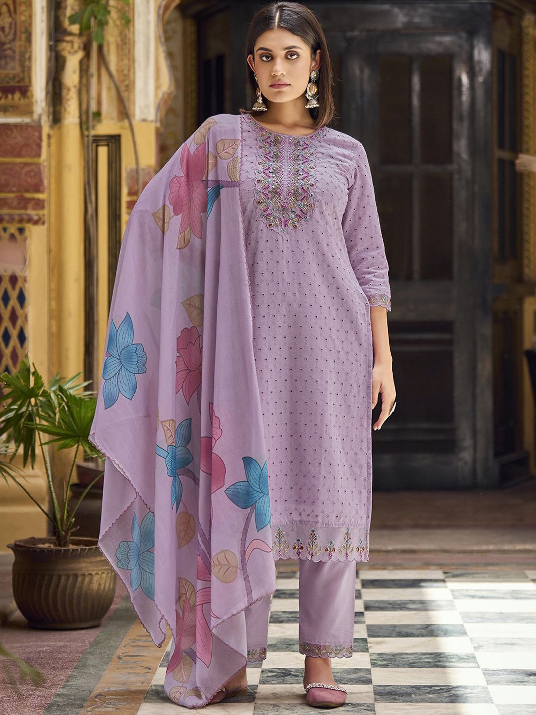 

Kvsfab Floral Embroidered Mirror Work & Sequinned Schiffli Kurta With Trousers & Dupatta, Purple