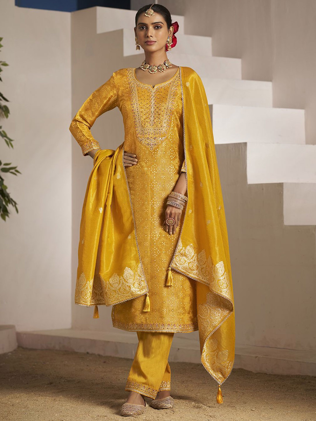 

Kvsfab Floral Embroidered Zari Work Jacquard Straight Kurta With Trousers & Dupatta, Yellow