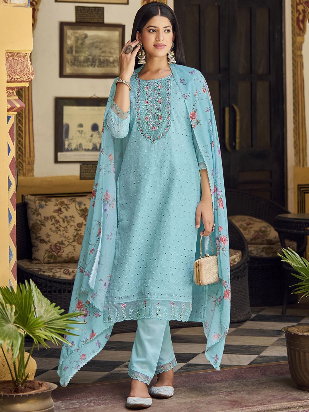 

Kvsfab Floral Embroidered Mirror Work & Sequinned Schiffli Kurta With Trousers & Dupatta, Blue