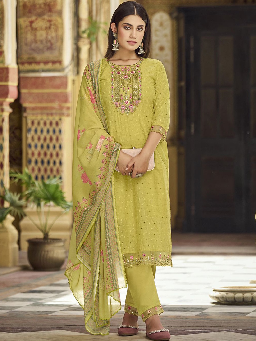 

Kvsfab Floral Embroidered Mirror Work & Sequinned Schiffli Kurta With Trousers & Dupatta, Yellow