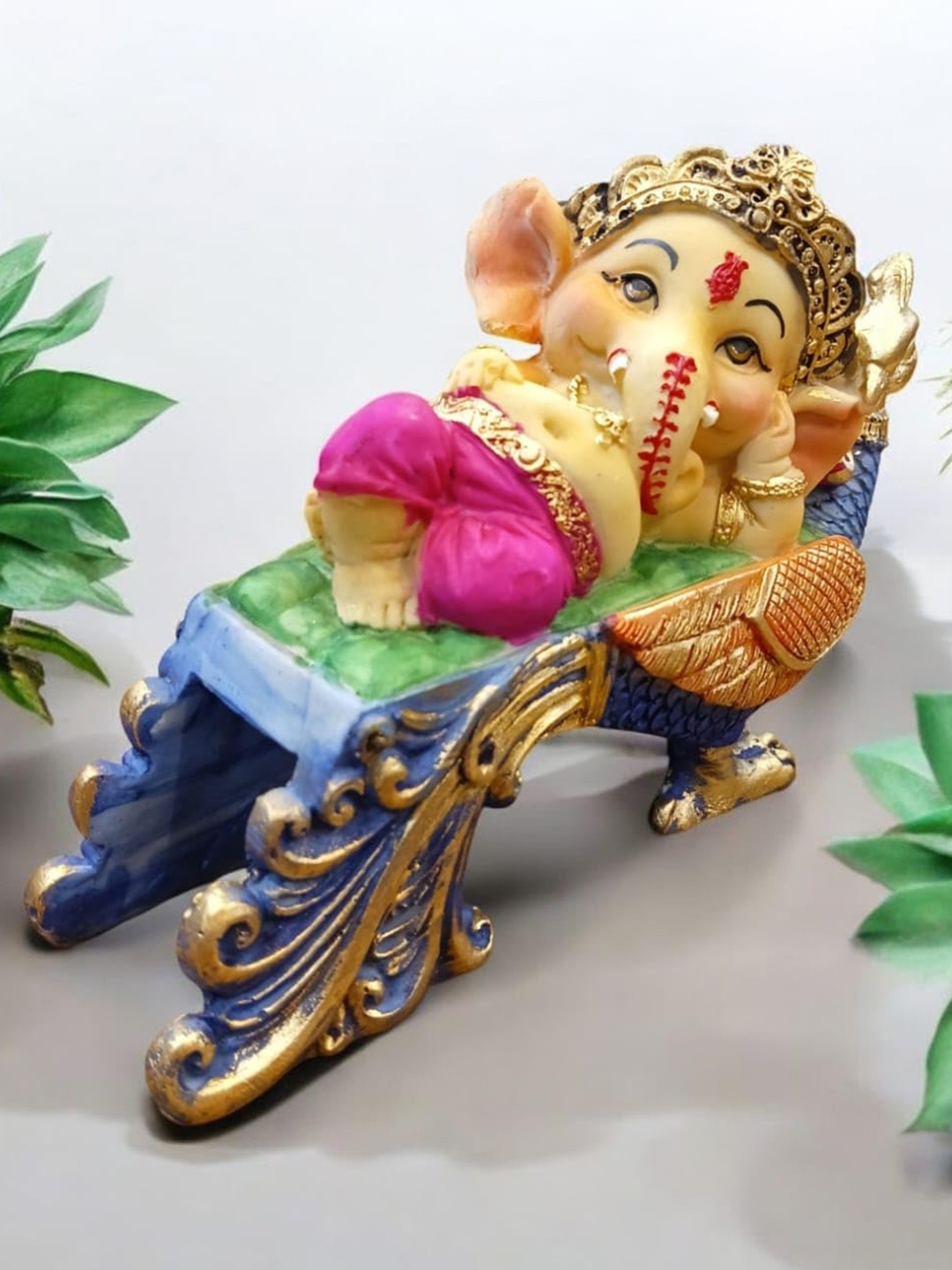 

NAYRA HANDICRAFTS Cream-Coloured and Navy Blue Ganesha Religious Idol Showpiece