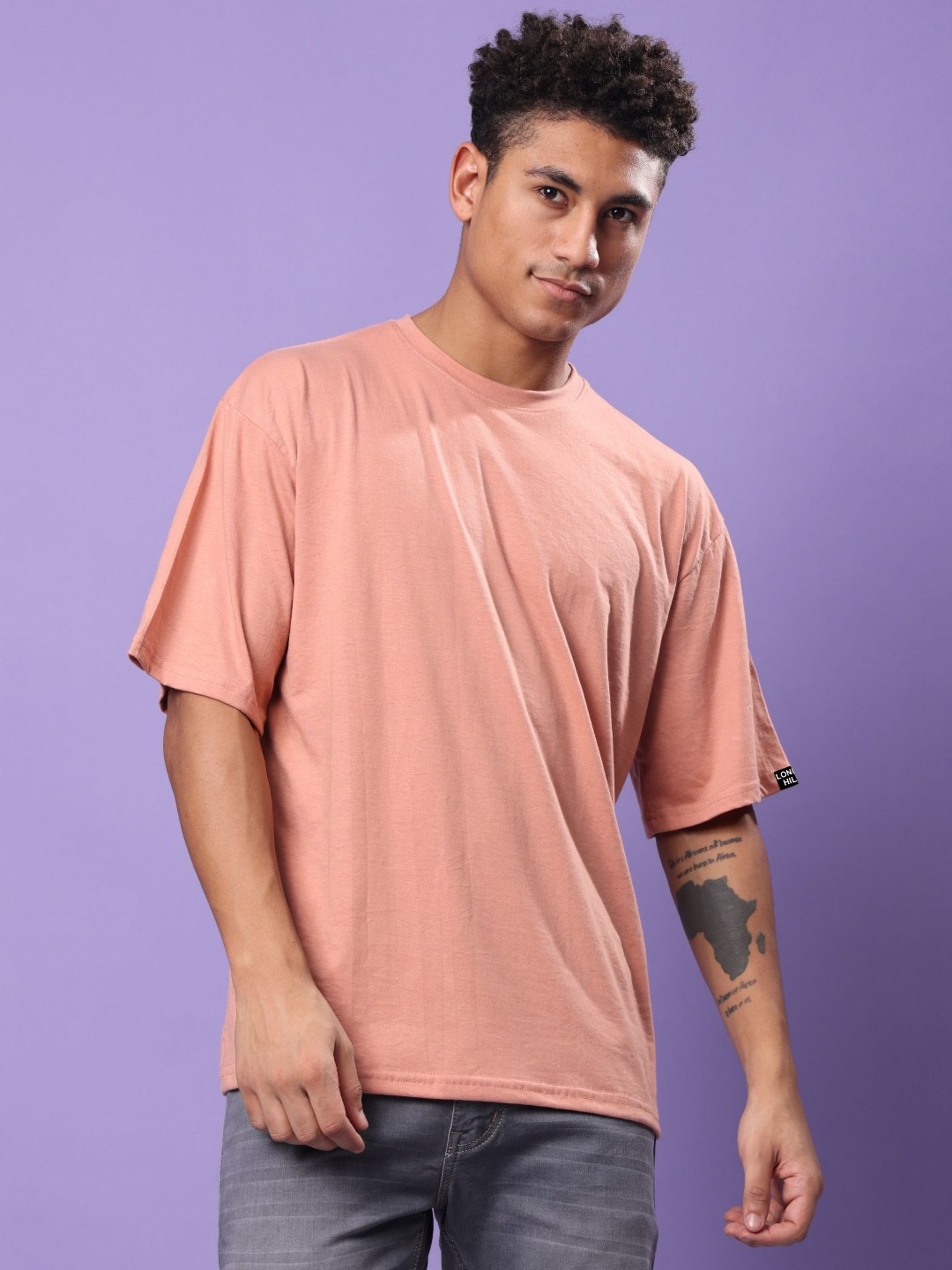 

London Hills Men Solid Round Neck Cotton Oversized T-shirt, Peach