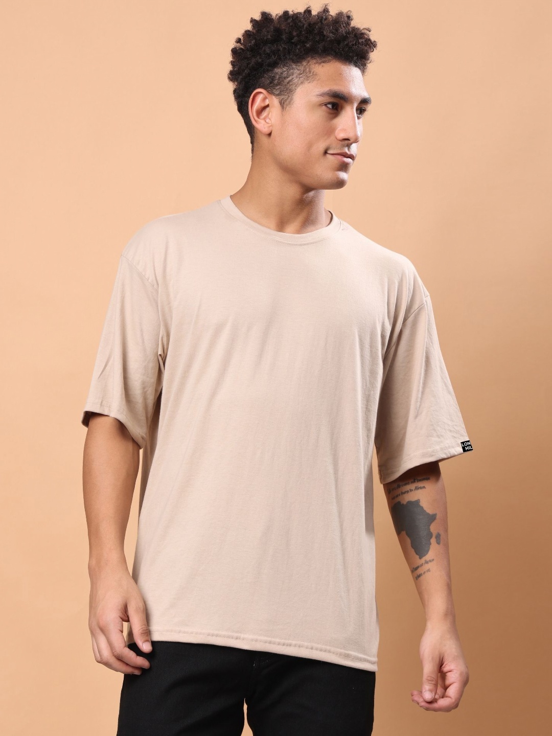 

London Hills Men Solid Round Neck Cotton Oversized T-shirt, Cream
