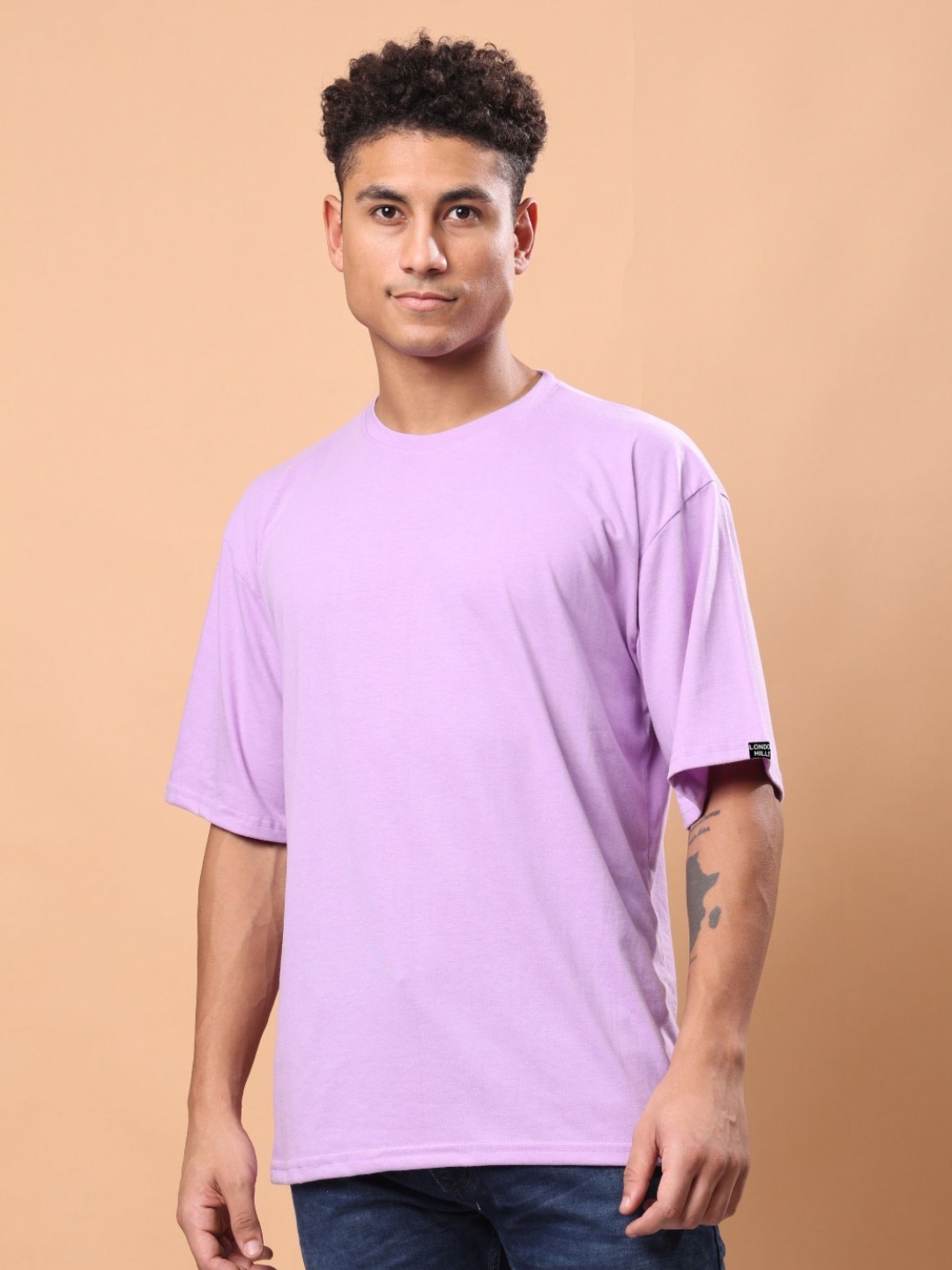 

London Hills Men Solid Round Neck Cotton Oversized T-shirt, Lavender