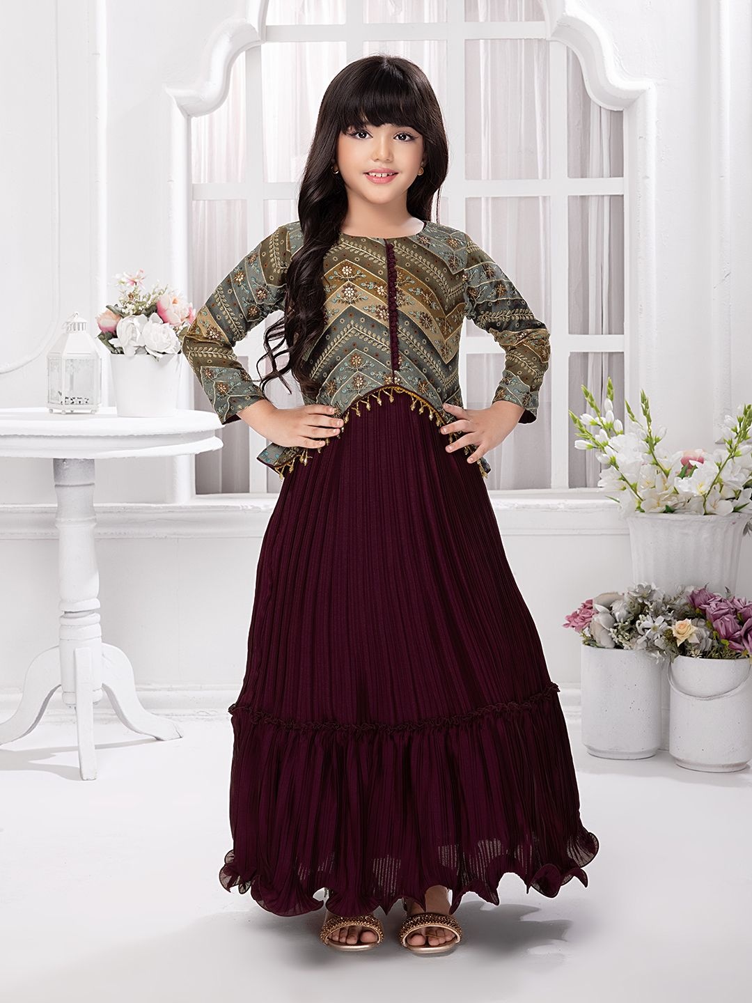 

BETTY Girls Embellished Bell Sleeve Fit & Flare Dress, Maroon