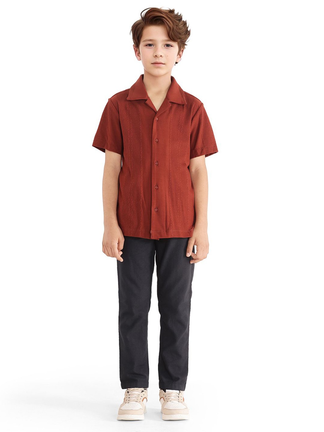 

Rare Ones Boys Cuban Collar Jacquard Shirt, Rust