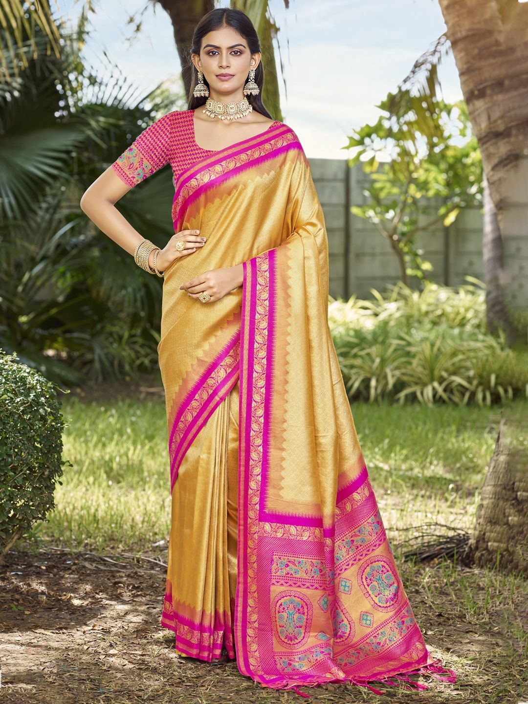 

SANGAM PRINTS Woven Design Zari Tussar Saree, Yellow