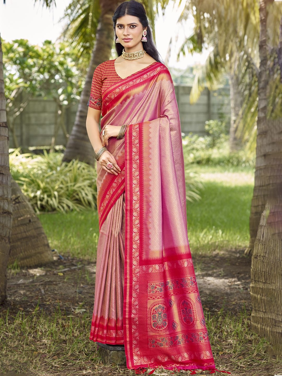 

SANGAM PRINTS Woven Design Zari Silk Blend Handloom Tussar Saree, Pink