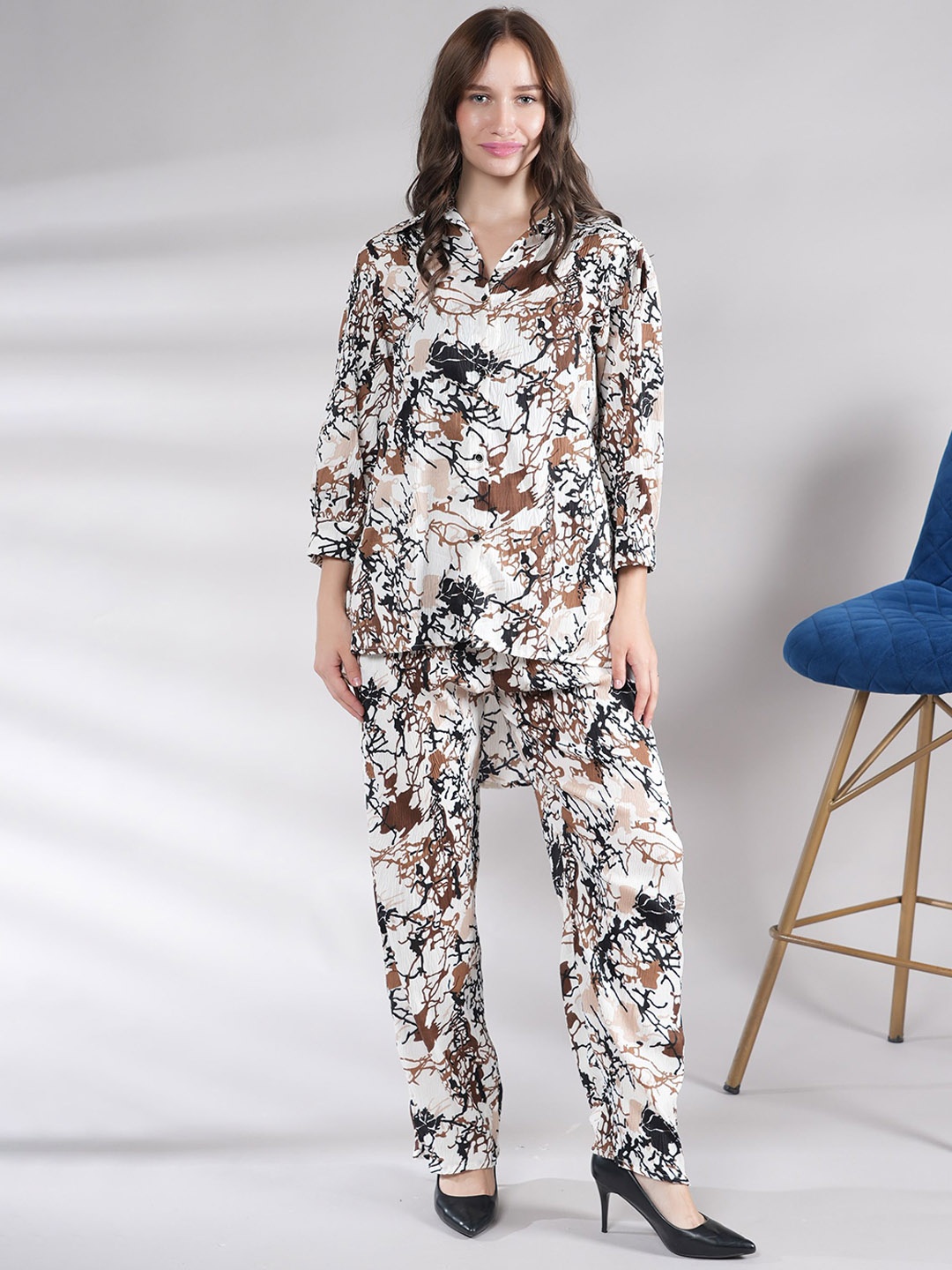 

NEYSA Printed Shirt Collar Shirt & Palazzo, Brown