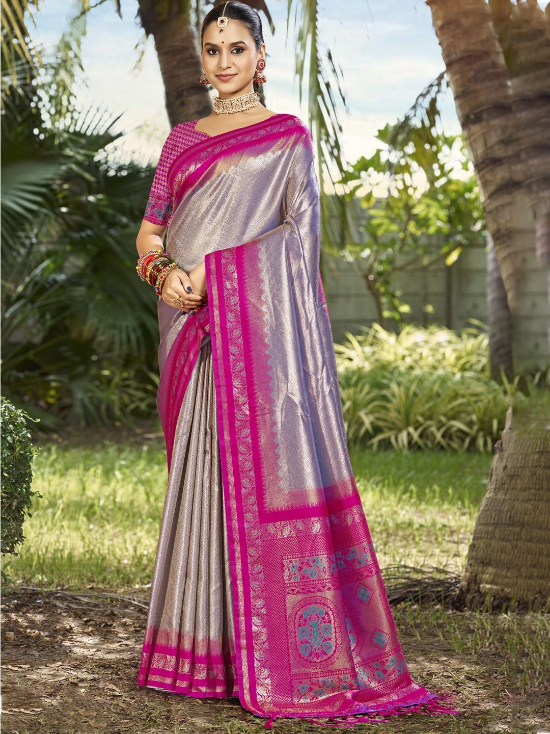 

SANGAM PRINTS Woven Design Zari Silk Blend Tussar Saree, Grey