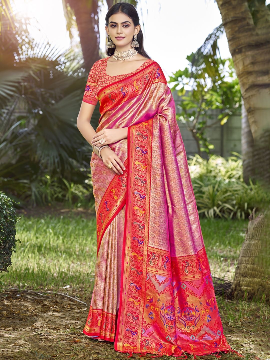 

SANGAM PRINTS Floral Woven Design Zari Tussar Saree, Pink