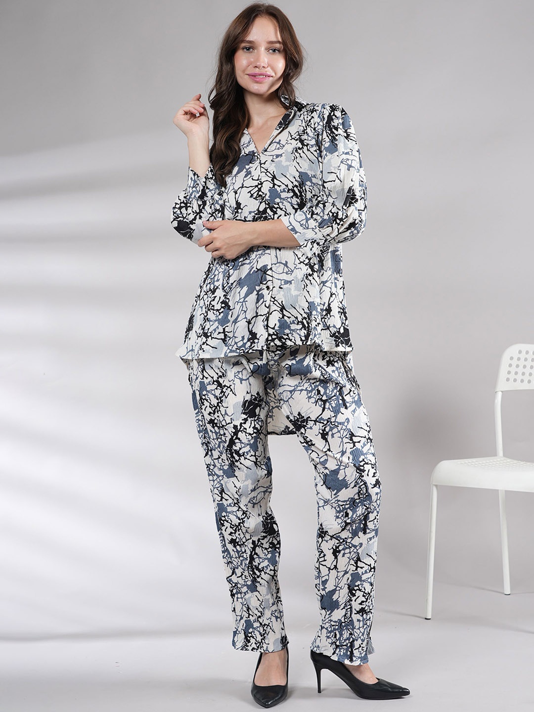 

NEYSA Printed Shirt Collar Shirt With Palazzo, White