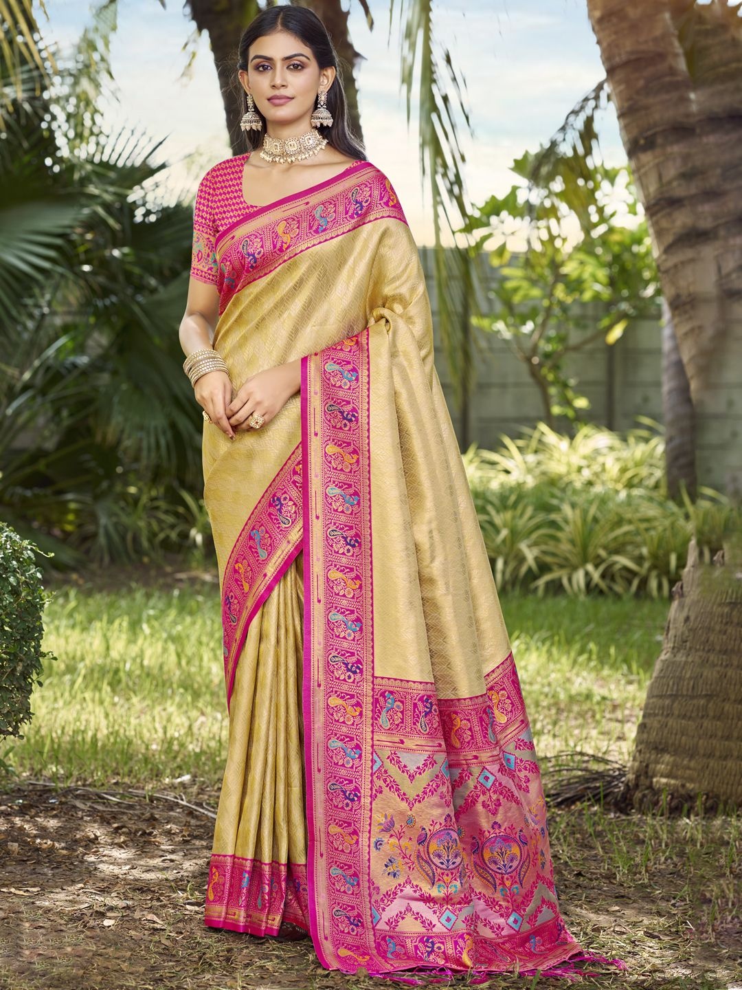 

SANGAM PRINTS Woven Design Zari Handloom Tussar Saree, Beige