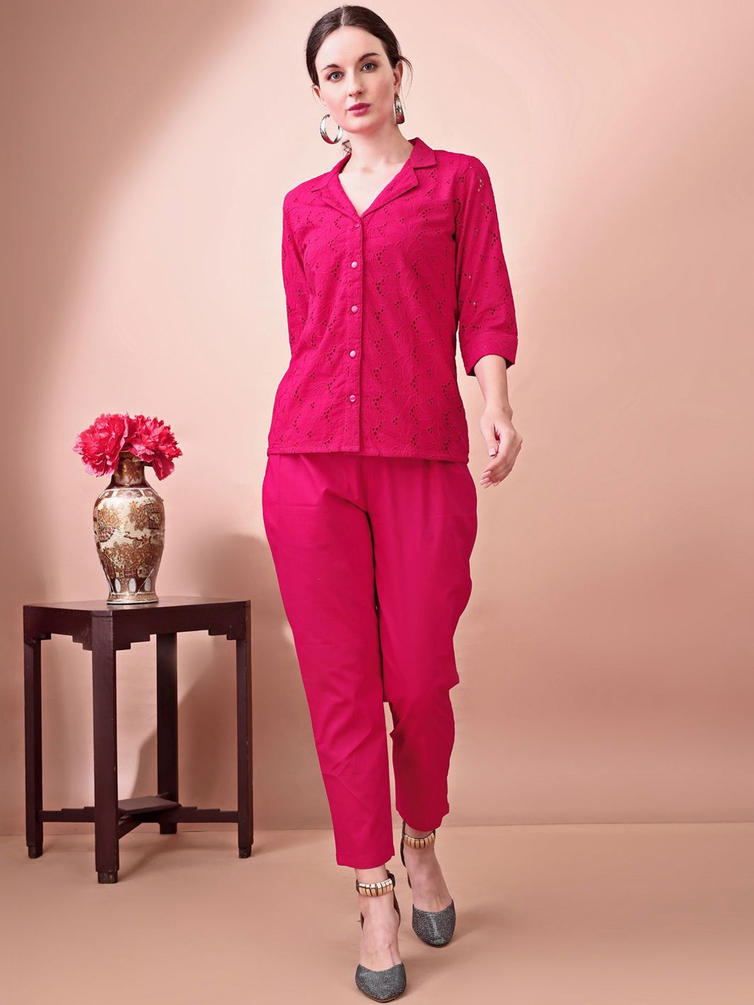 

Tikhi Imli Self Design Lapel Collar Pure Cotton Shirt & Trouser, Fuchsia