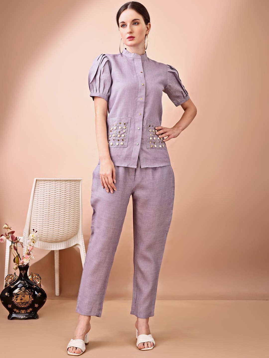 

Tikhi Imli Embellished Mandarin Collar Short Sleeves Linen Shirt And Trouser, Lavender
