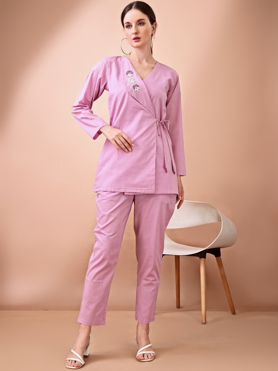 Tikhi Imli Embroidered V-Neck Three-Quarter Sleeves Top With Trouser, Pink