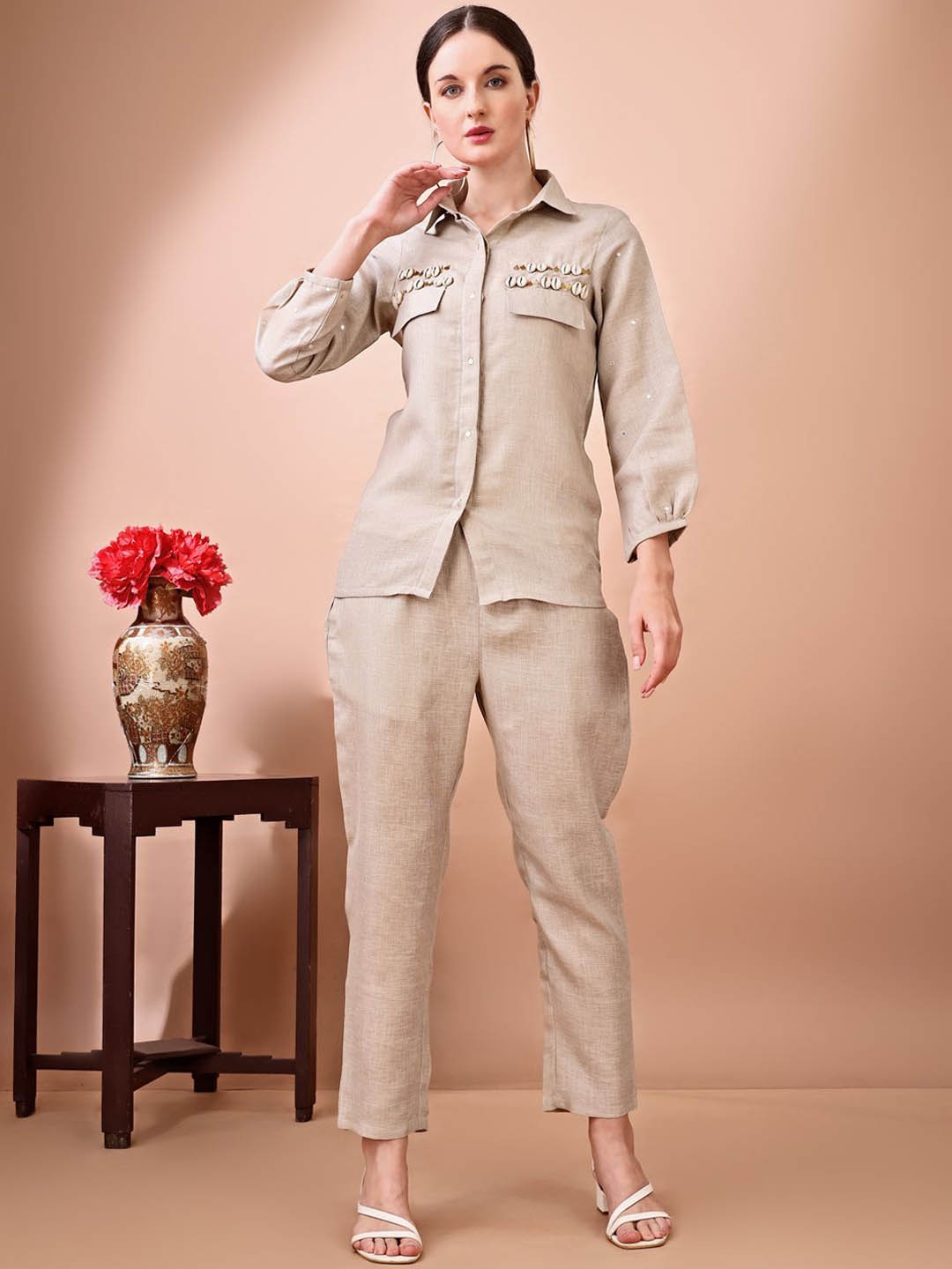 

Tikhi Imli Embellished Shirt Collar Long Sleeves Linen Shirt With Trouser, Beige