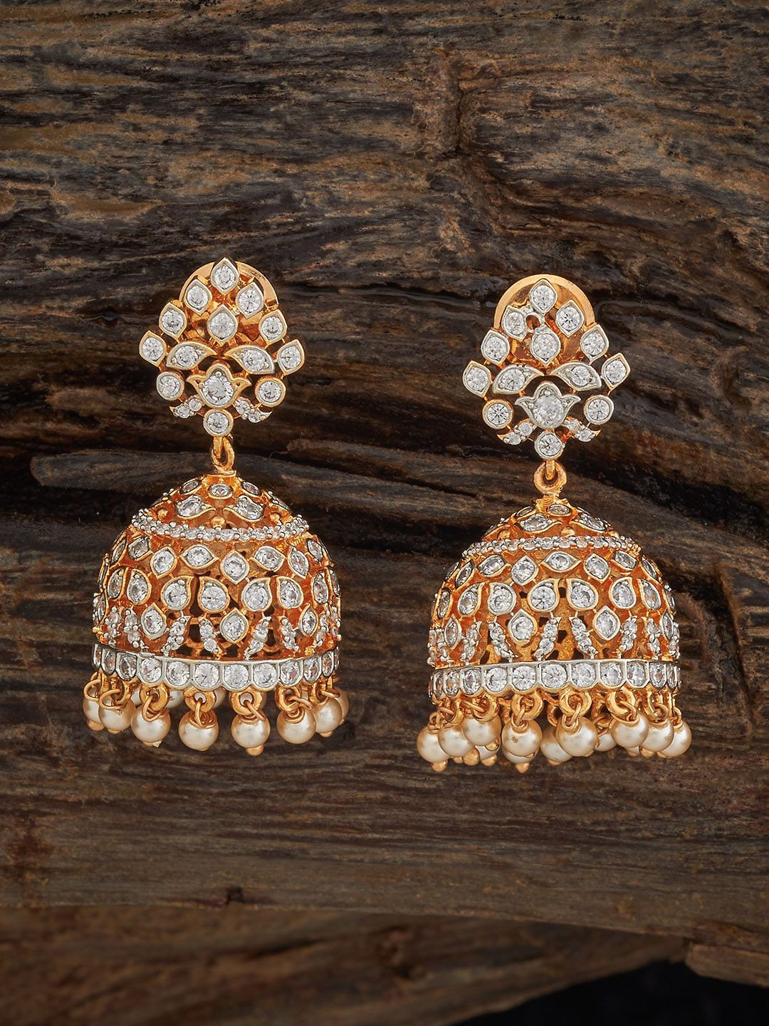 

Kushal's Fashion Jewellery Rhodium-Plated Dome Shaped Zircon Jhumkas Earrings, White