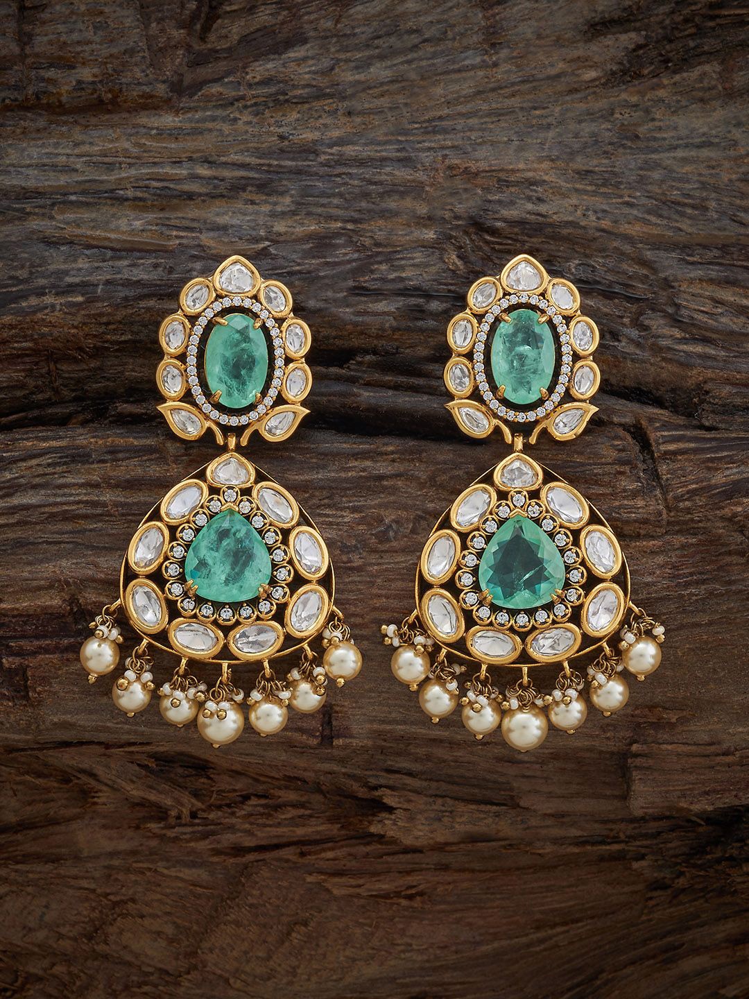 

Kushal's Fashion Jewellery Mint Victorian Plated Kundan Geometric Drop Earrings, Green