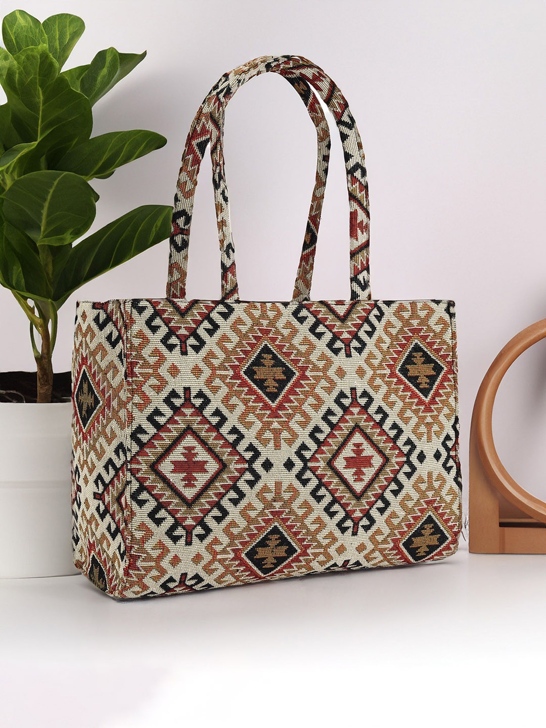 

PEARLUXIS Women Geometric Printed Shopper Tote Bag, Beige