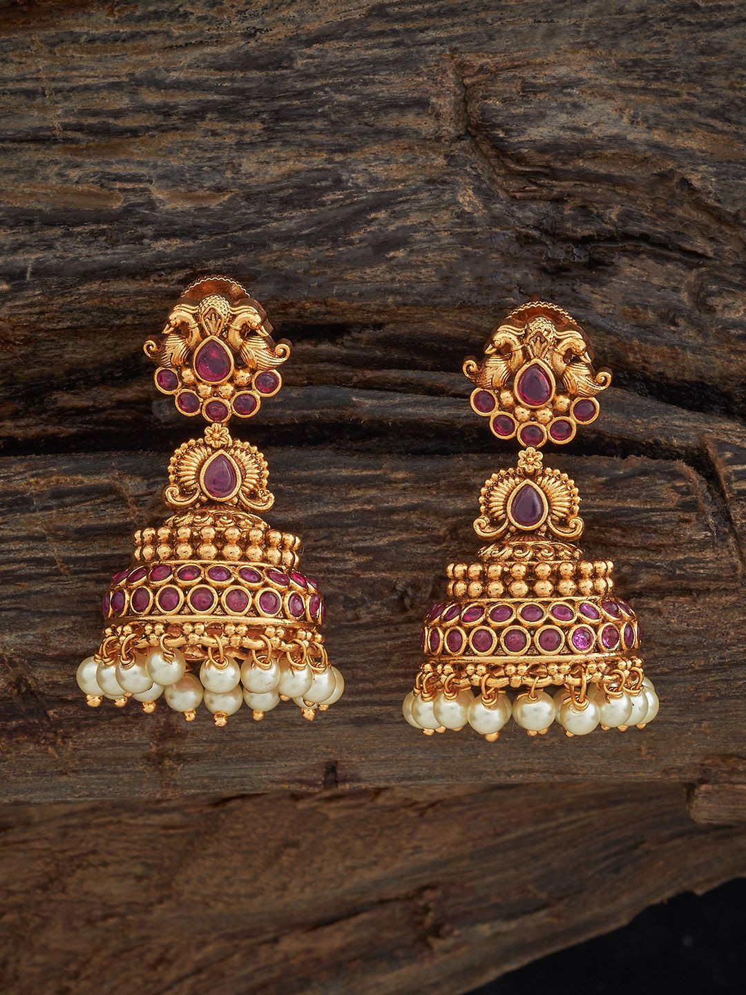 

Kushal's Fashion Jewellery Ruby Gold-Plated Antique Dome Shaped Jhumkas