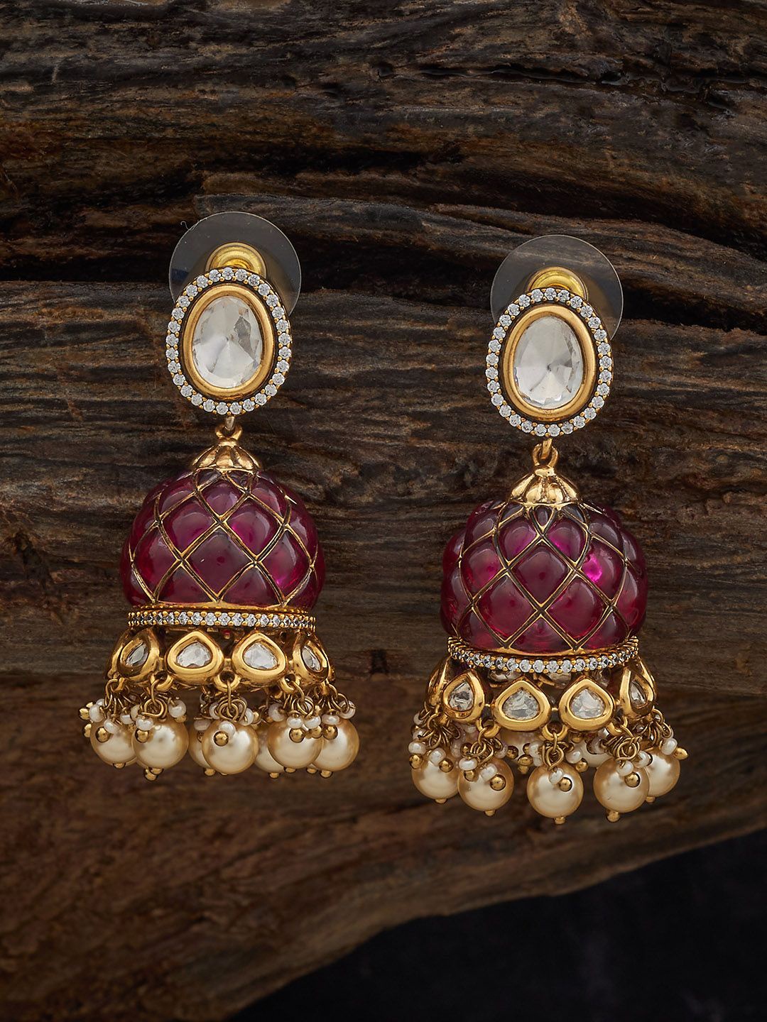

Kushal's Fashion Jewellery Victorian Plated Dome Shaped Kundan Jhumkas Earrings, Red