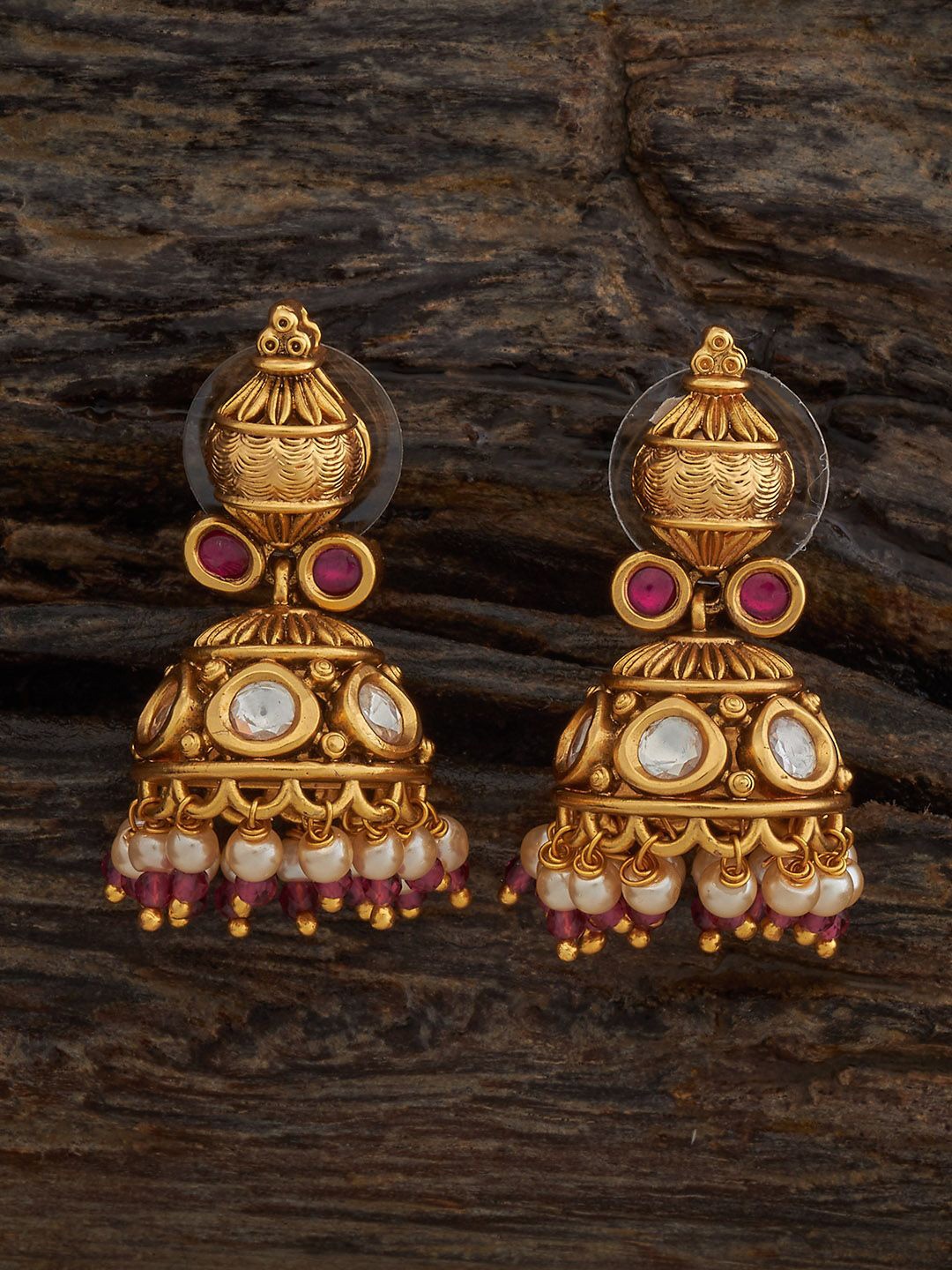 

Kushal's Fashion Jewellery Gold Plated Dome Shaped Ruby Antique Jhumkas Earrings