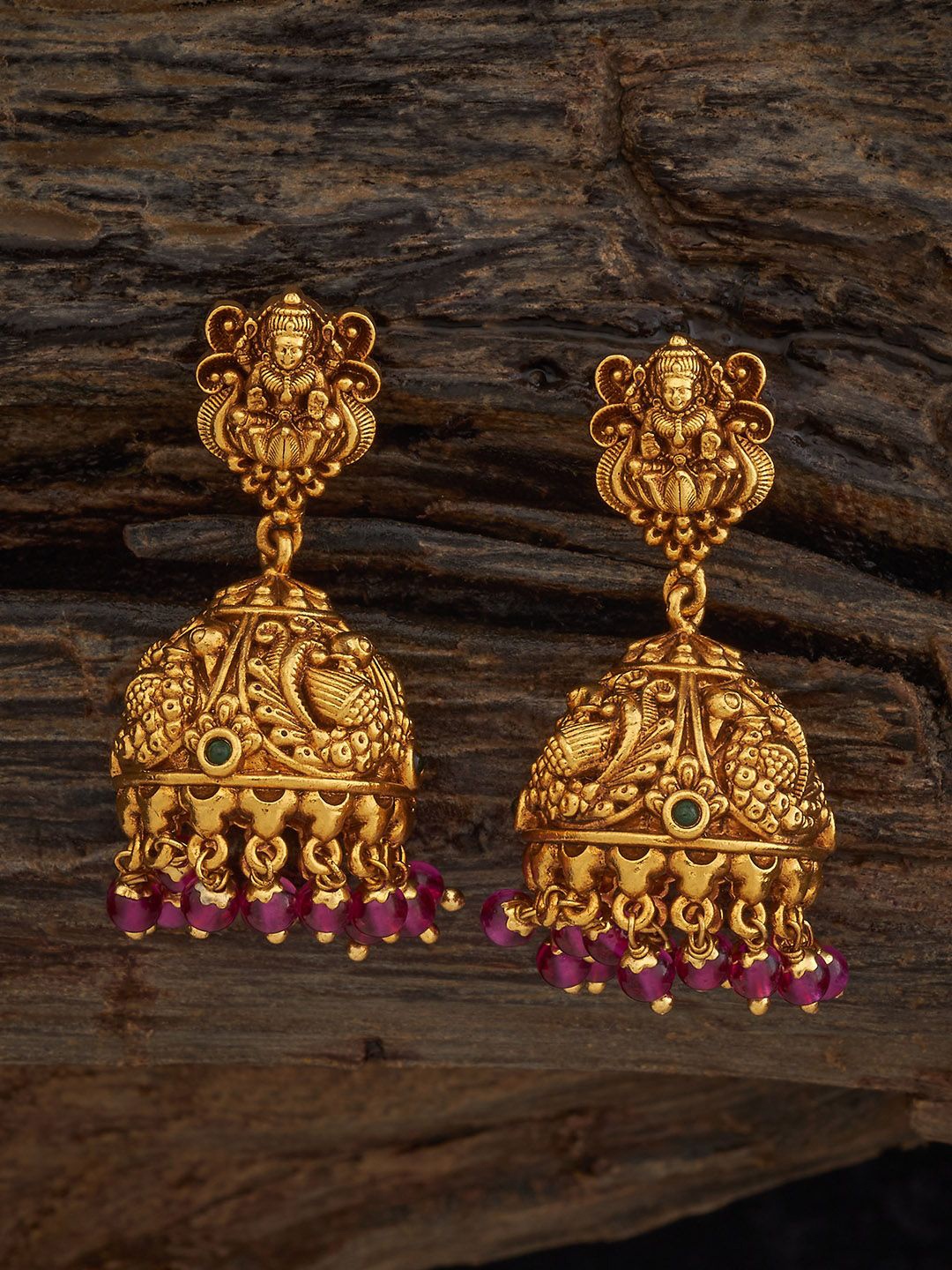 

Kushal's Fashion Jewellery Gold-Plated Ruby Stone Studded Antique Dome Shaped Jhumkas