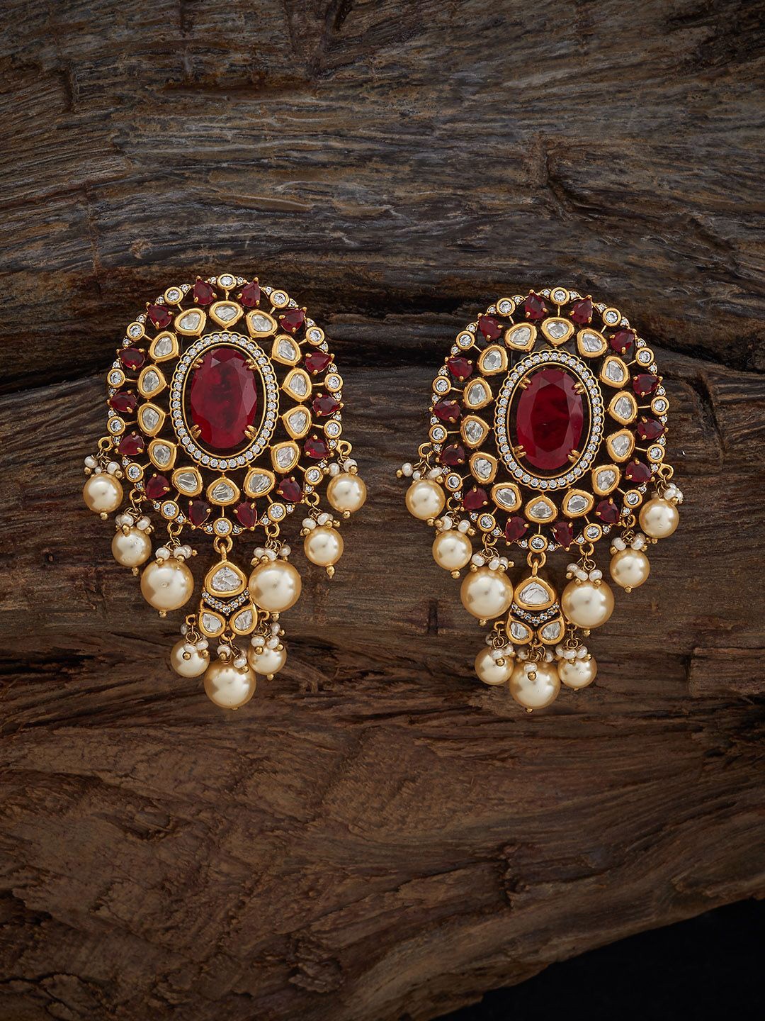 

Kushal's Fashion Jewellery Victorian Plated Kundan Geometric Drop Earrings, Red