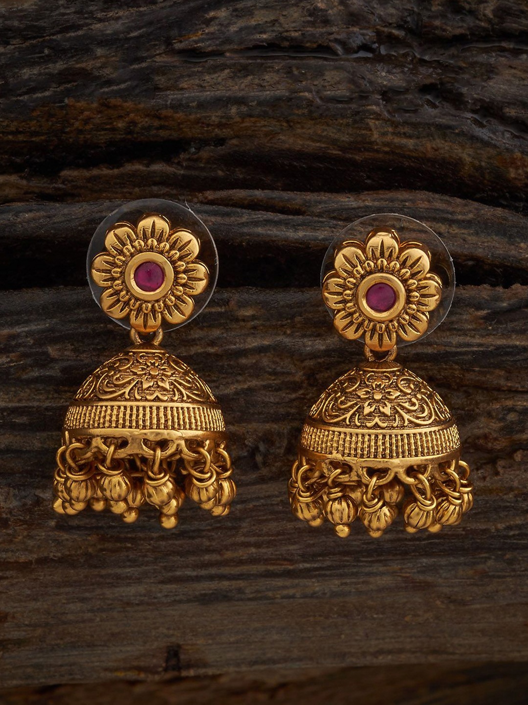 

Kushal's Fashion Jewellery Gold Plated Dome Shaped Ruby Antique Jhumkas Earrings