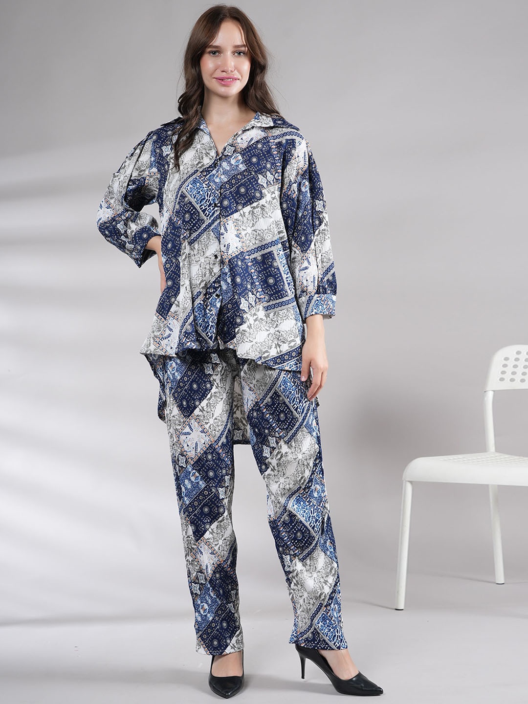 

NEYSA Printed Shirt Collar Shirt With Palazzo, Blue