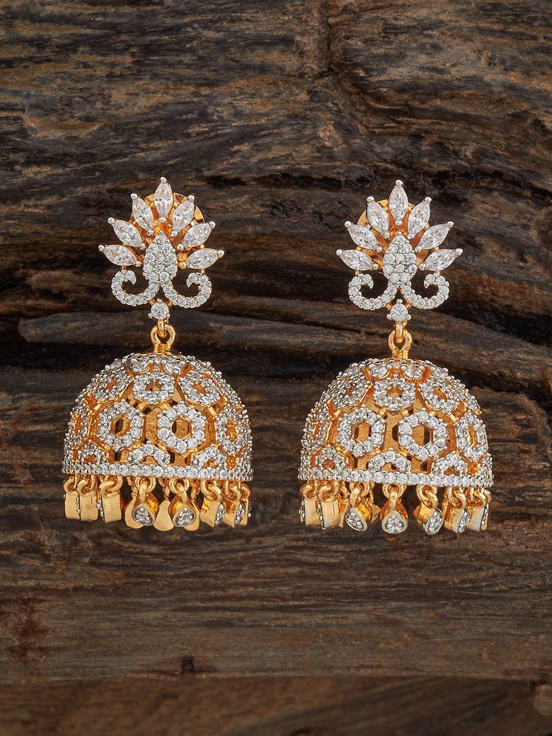 

Kushal's Fashion Jewellery Rhodium-Plated Zircon Stone Studded Dome Shaped Jhumkas, Gold