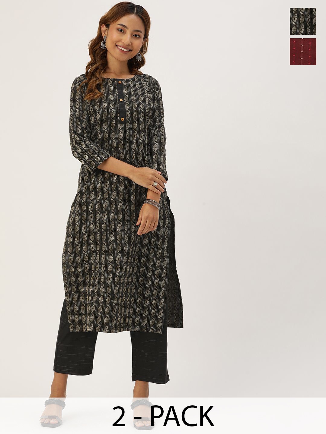 

KALINI Selections Of 2 Geometric Straight Kurta with Trousers, Black