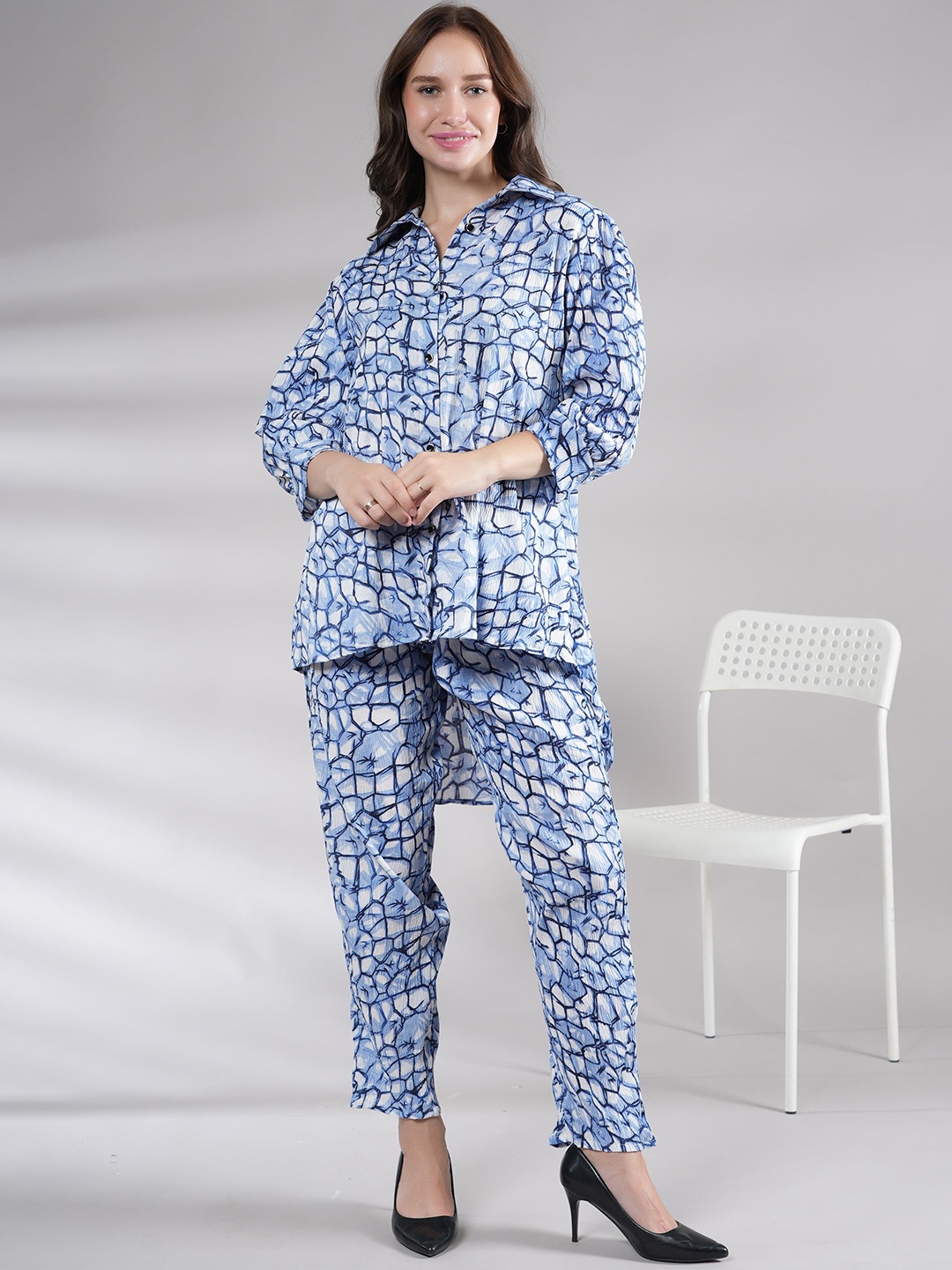 

NEYSA Printed Shirt Collar Shirt With Palazzo, Blue