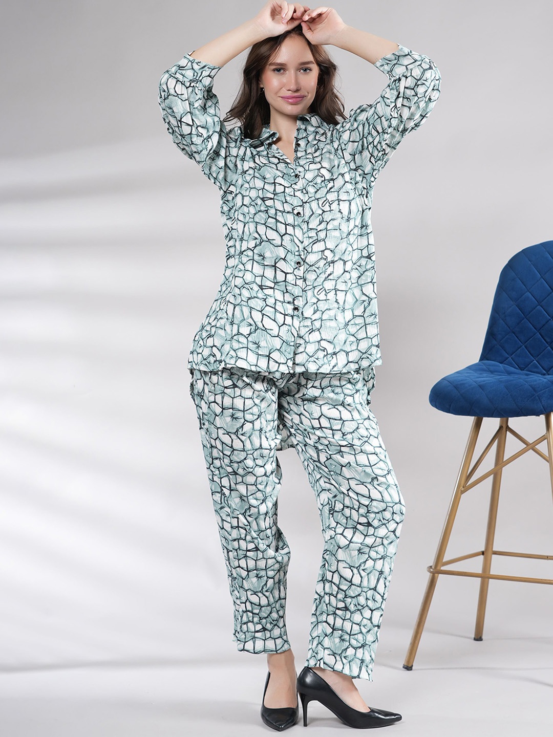 

NEYSA Abstract Printed Shirt Collar Shirt With Trousers, Green