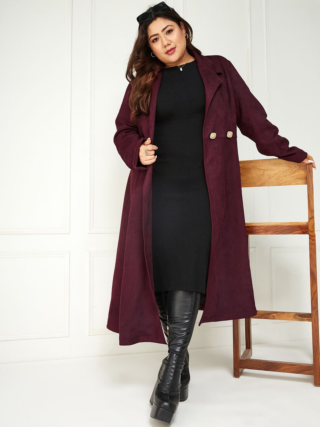 

Miss Chase A+ Women Solid Notched Lapel Longline Coat, Burgundy